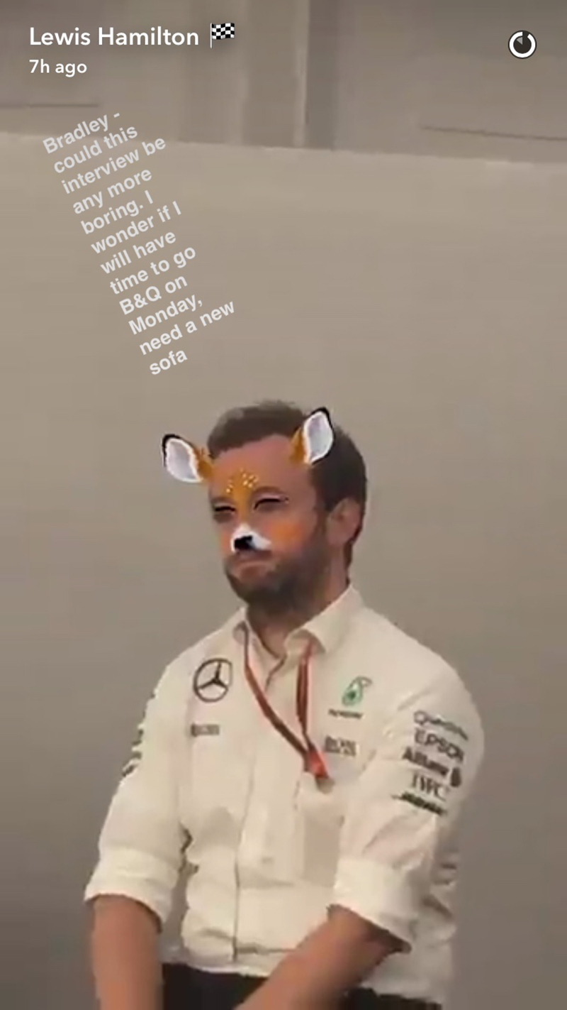 Illustration for article titled Bored Lewis Hamilton Snapchats During F1 Press Conference And It's The Best Thing He's Ever DoneÂ